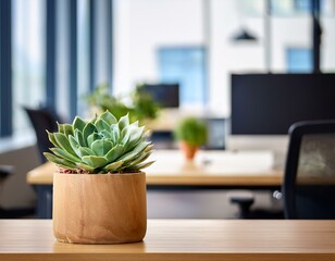 a close up of a succulent planter in focus on a wooden desk with a blurred open office in the background perfect for workplace or interior design themes