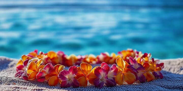 Tropical flower lei on beach, ocean background, vacation