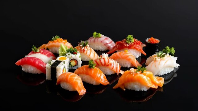 Assorted Sushi on Black Reflective Surface