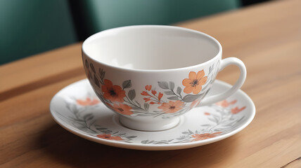 A beautiful vintage floral patterned teacup and plate resting and saucer with wooden table in the background.