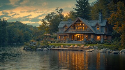 Fototapeta premium Lakeside Luxury Home Sunset Waterfront Relaxation