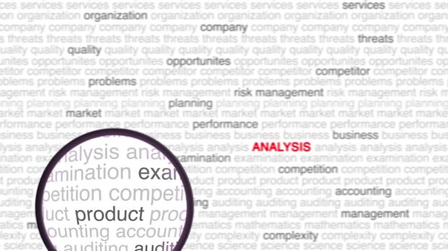 Analytics text or word cloud animation with a magnifying glass effect on a clean white background