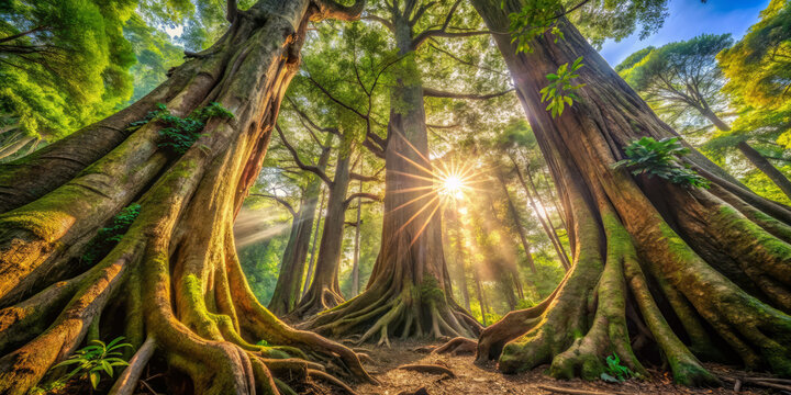 Majestic ancient tree trunks stretch towards sky, creating serene atmosphere