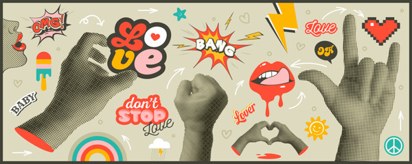 Love trendy halftone elements set. 80s. 90s. Cut out hand emoji gestures collection. Various hands signs grunge punk dotted stickers. Modern retro vector lips, hand, sun, peace illustration