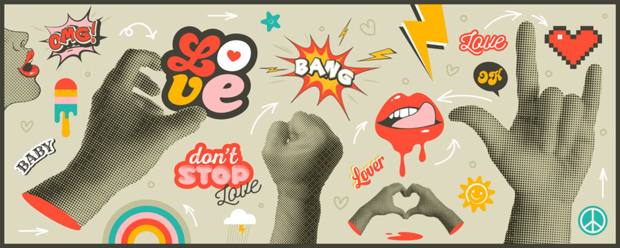 Love trendy halftone elements set. 80s. 90s. Cut out hand emoji gestures collection. Various hands signs grunge punk dotted stickers. Modern retro vector lips, hand, sun, peace illustration