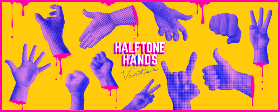 Trendy halftone elements set. 80s. Cut out hand emoji gestures collection. Various hands signs grunge punk dotted stickers. Modern retro vector illustration with doodles and bleeding blood not real.