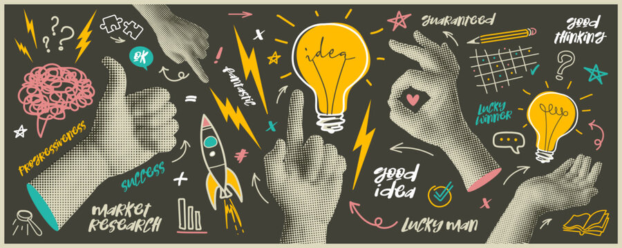 Good business idea halftone elements set. 80s. 90s. Cut out hand emoji gestures collection. Various hands signs grunge punk dotted stickers. Vector brainstorming illustration with lightning, bulb.