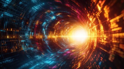 Obraz premium Digital data tunnel, swirling lights, futuristic travel, bright end, tech background