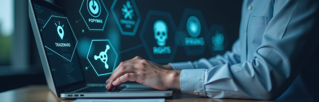 A Professional Works On A Laptop Surrounded By Digital Icons For Trademark License, Copyleft, Rights Symbol, And Piracy Warning. 00001