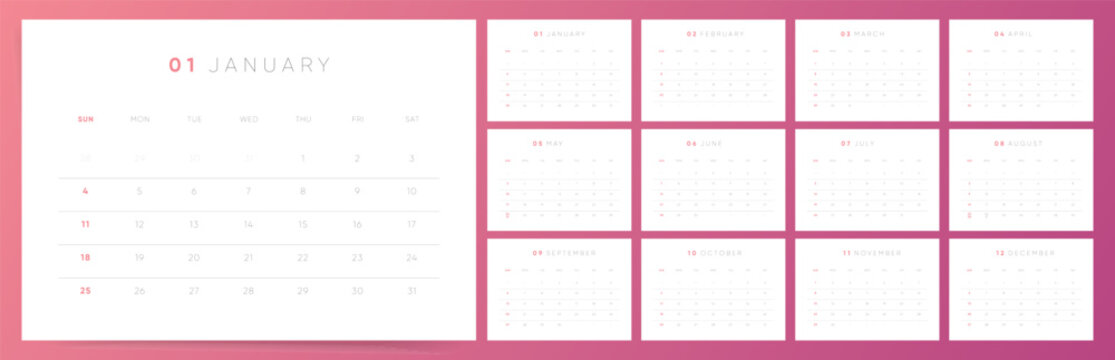 Calendar template for 2026 year. Week starts on Sunday. Every month of 2026 calendar A4 format. Casual Horizontal Calendar 2026. English vector Calendar monthly pages layout for print and digital.	