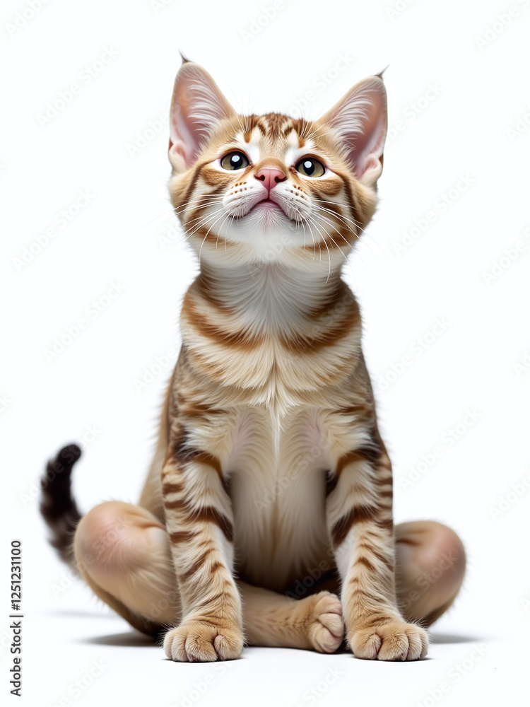 Poster a serene feline in a yoga pose is isolated against a pure white background, creating a peaceful visu