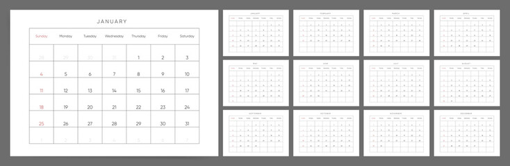 2026 Calendar Template Design. Week starts on Sunday office calendar. Wall or desk planner in minimalist linear style. Horizontal 2026 calendar. English vector calendar layout for 2026 year.	