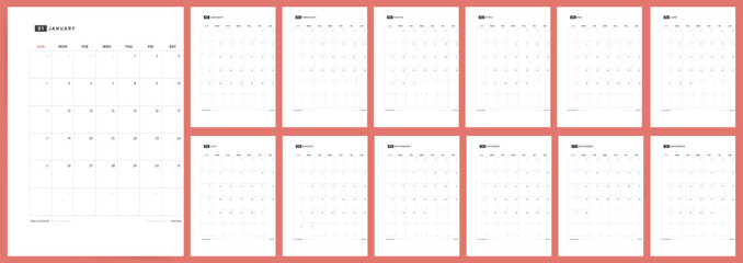 Calendar 2026, Calendar 2026 Sunday Start Vertical Casual Clean Design Template	
