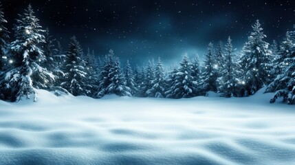 Fototapeta premium This enchanting winter forest shows tall trees glistening under a starlit sky, highlighting the serenity of nature in its winter attire with a magical dusting of snow.