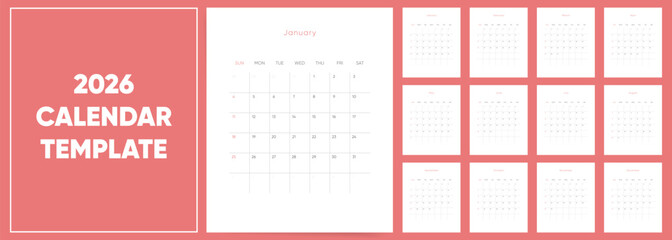 Calendar template for 2026 year. Week starts on Sunday. Wall 2026 calendar in cozy elegant minimal style. Corporate or business Calendar 2026. English vector Calendar monthly pages layout.	
