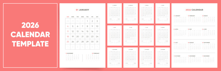 Calendar 2026, Calendar 2026 Sunday Start A4 Minimalist Vertical Corporate Design Template	