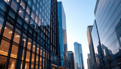 Naklejka premium Glass office business buildings downtown. Business concept. Contemporary architectural background, Side lit. with white shades