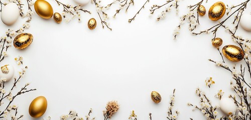 Fototapeta premium Easter banner with golden eggs, willow catkins, and spring flowers on a white background. Flat lay style. Top view. Free space for text. Spring template.
