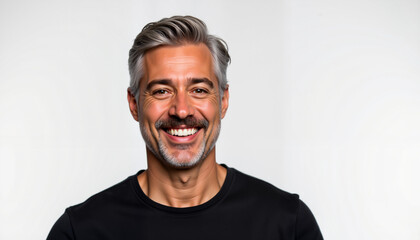 Obraz premium Smiling man with salt-and-pepper hair in casual black shirt, warmth