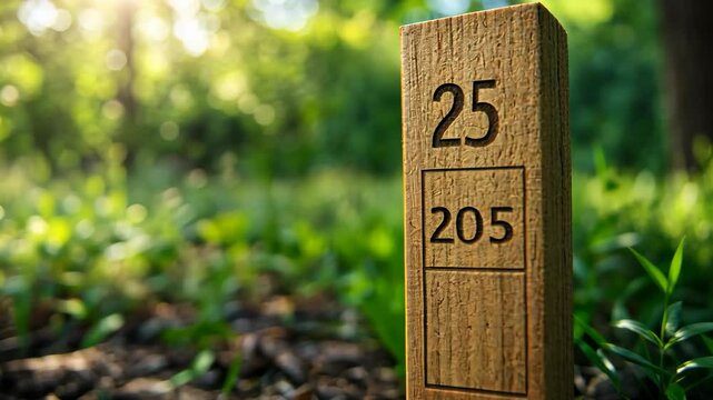 Wooden marker indicating location number 25 on a trail in a lush green park during the afternoon