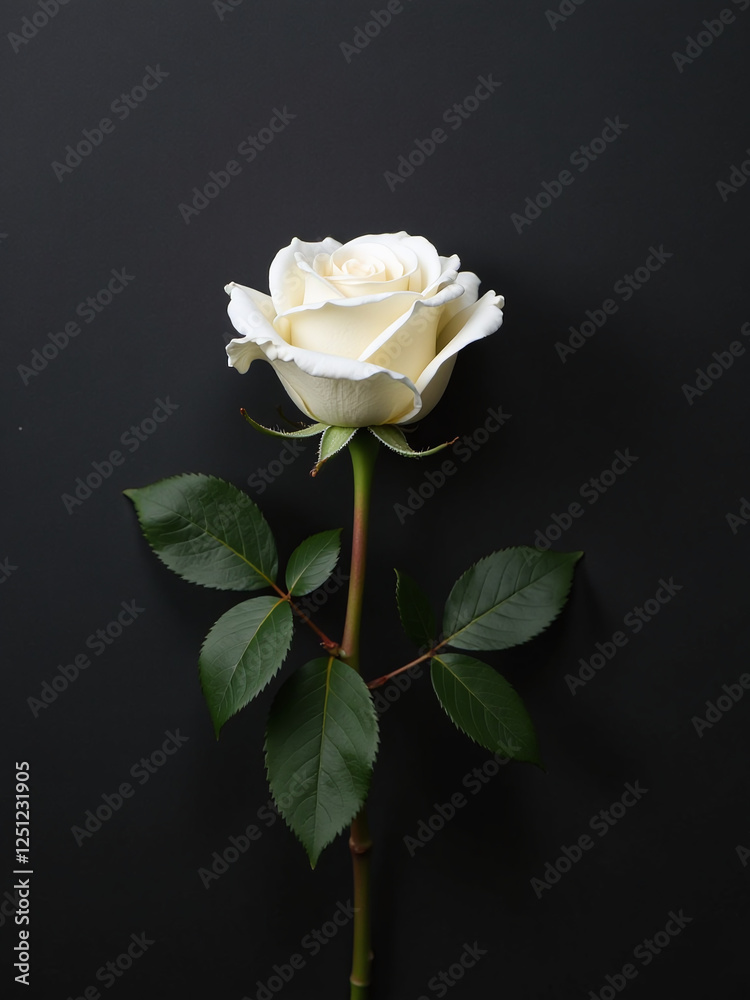 Aufkleber a simple white rose is placed against a textured black background with ample copy space surrounding 