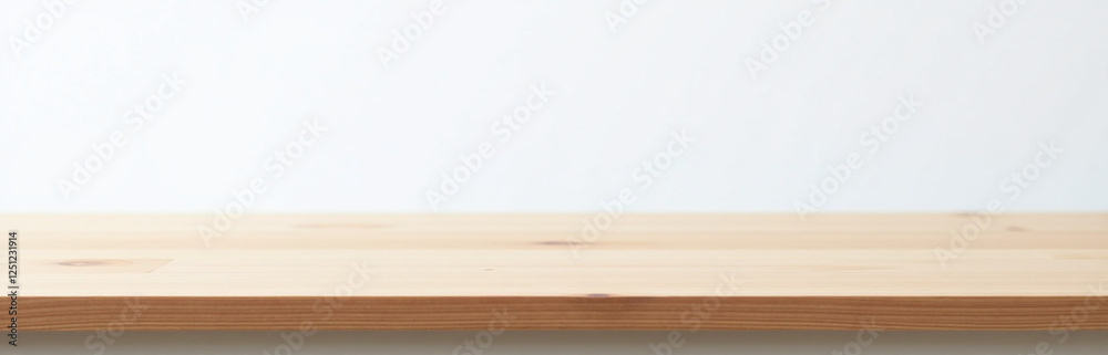 Poster a simple wooden tabletop with a minimalist design, set against a clean white background for clear pr