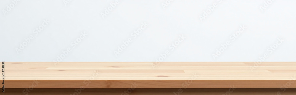 Poster a simple wooden tabletop with a minimalist design, set against a clean white background for clear pr