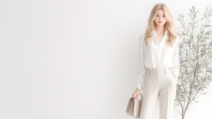 Professional business attire model in elegant indoor setting fashion photography minimalist design soft lighting elegant styling
