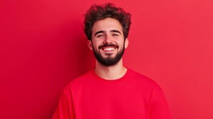Obraz premium Happy Man Smiling Red Background - A young man with a beard smiles happily against a vibrant red background. Perfect for positive, joyful themes.