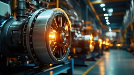 Fototapeta premium An impressive view of an industrial engine room where futuristic technology meets bright lighting, representing advanced manufacturing processes in action.