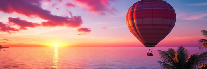 Hot Air Balloon Sunset Ocean View - Serene hot air balloon ride over a calm ocean at sunset, pink and orange hues, palm trees