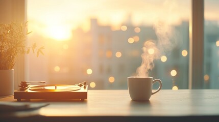 Morning serenity vinyl music and a warm beverage urban apartment cozy atmosphere sunrise view relaxation concept for ultimate calmness