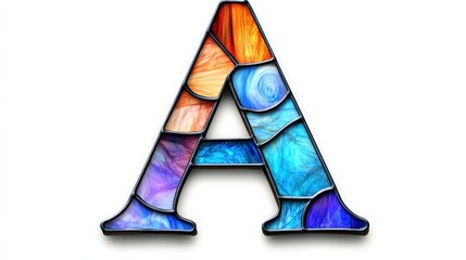 Letter A made of stained glass with blue, purple, and orange hues, framed in metal on a white background