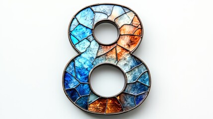 Obraz premium Number 8 made of stained glass with blue and orange hues, framed in metal on a white background