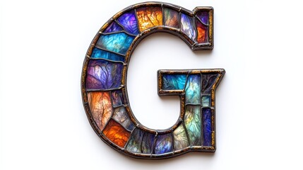Letter G made of stained glass with multicolored shades, framed in metal on a white background
