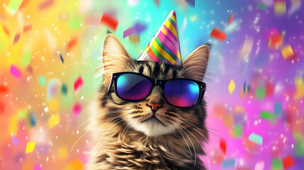A joyful cat in a festive hat and shades revels in a lively confetti celebration