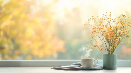 Warm autumn morning ritual coffee and flowers on a cozy windowsill indoor setting soft natural lighting inviting atmosphere