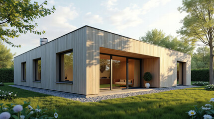 Modern Sustainable House with Wooden Facade and Large Windows
