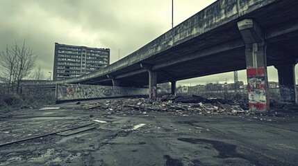 Obraz premium Urban decay Overpass, graffiti, debris, gloomy sky, city backdrop