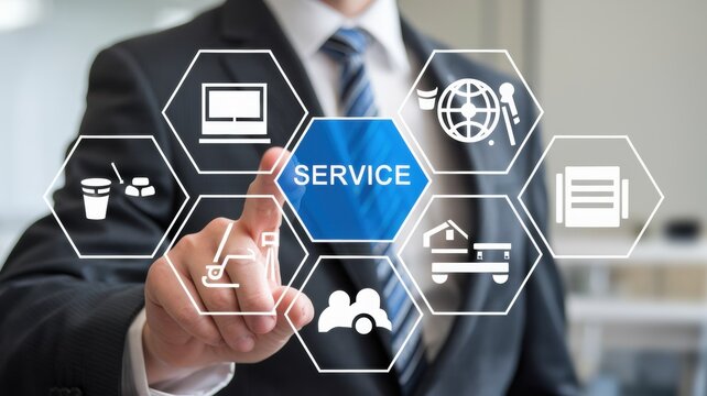 Businessman Selecting Service Options on Interactive Screen