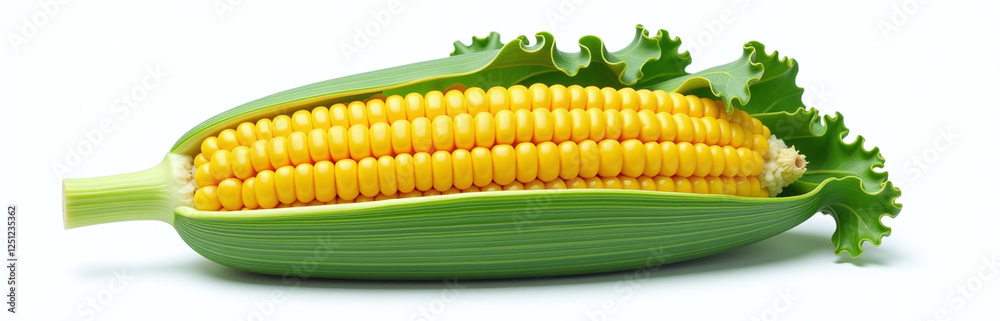 Poster a stylized vegetable shape made from corn and kale is isolated against a clean white background for 