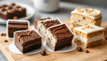 Shot of assorted chocolate and cake slices on cutting board, sticker style. with white shades