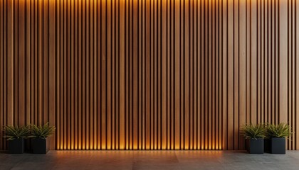 Vertical Fluted Wooden Cabinet with Modern Textured Grooves and Warm Ambient Lighting for Contemporary Interior Design