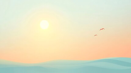 Obraz premium Peaceful Sunset Over Rolling Ocean Waves With Birds