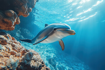Obraz premium Dolphin swims in sunlit ocean near coral reef