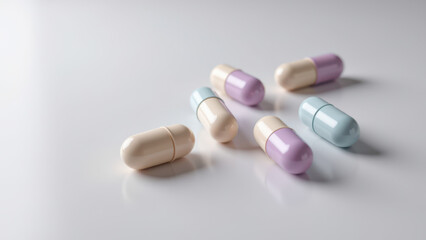 A collection of Semaglutide tablets with varying colors on a light surface.