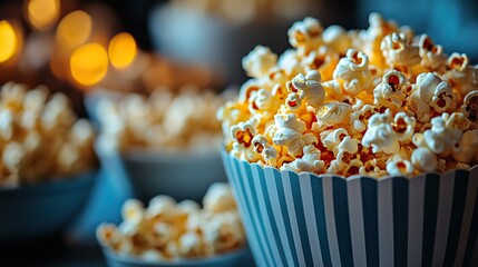 Cherish movie premieres with friends and appetizing snacks Side view image of a table adorned with delectable popcorn in striped boxes against a light blue wall, perfect for movie promotions.