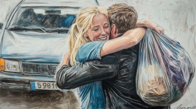 artistic image of saying goodbye to your coworker giving huge hugs. a blond women giving hugs to a male coworker with the car full of bags next to them