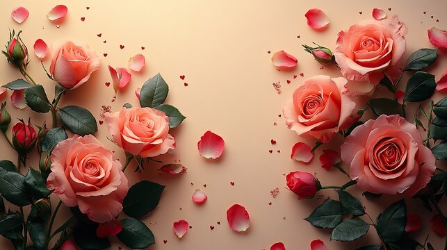 Cherish your radiant sweetheart with this Valentine's composition. Top view capturing vibrant rosebuds and affectionate emblems against a delicate beige background. Ample space for your words or ads.