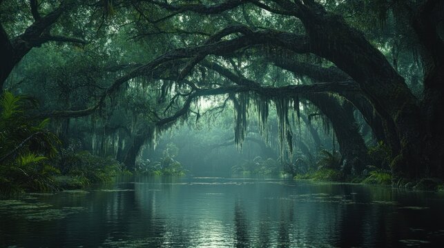 Mysterious swamp river, misty morning, moss-draped trees, tranquil scene, nature background